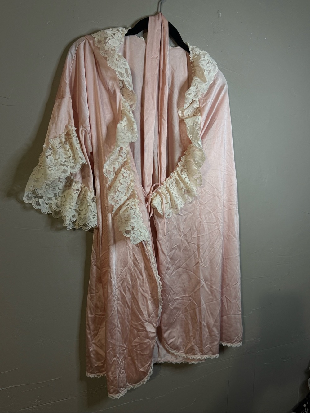 Blush Pink Satin Robe with Cream Lace Trim
